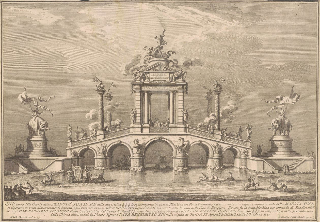Prima Macchina for Chinea fra 1755: En triumfbro med antikviteter fra Herculaneum af after Paolo Posi Giuseppe Vasi