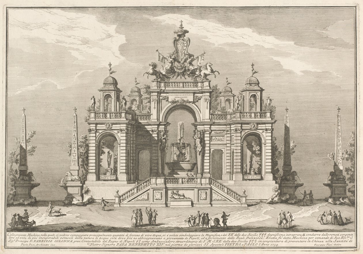 Seconda Macchina for Chinea fra 1754: En allegori over vandværker af after Paolo Posi Giuseppe Vasi