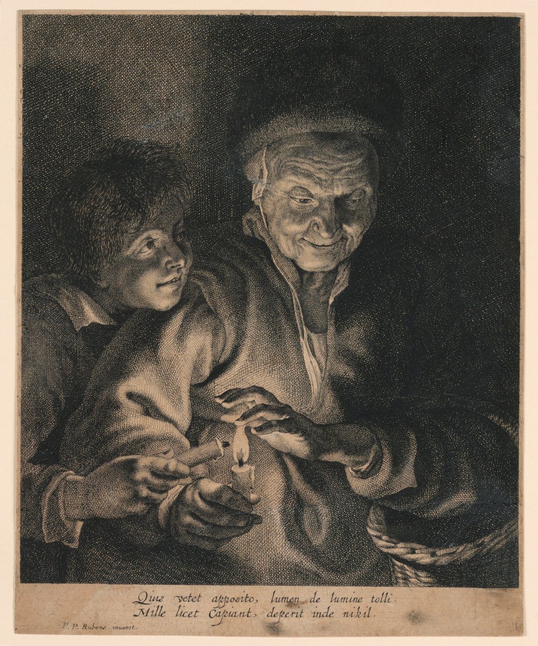 Gammel kvinde og en dreng med stearinlys af after Peter Paul Rubens