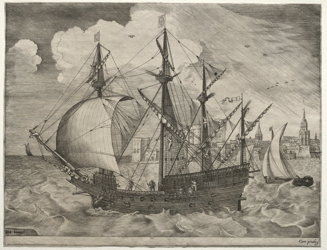Sejlfartøjer: Bevæbnet fire-skibsfører ud på havet af after Pieter Bruegel