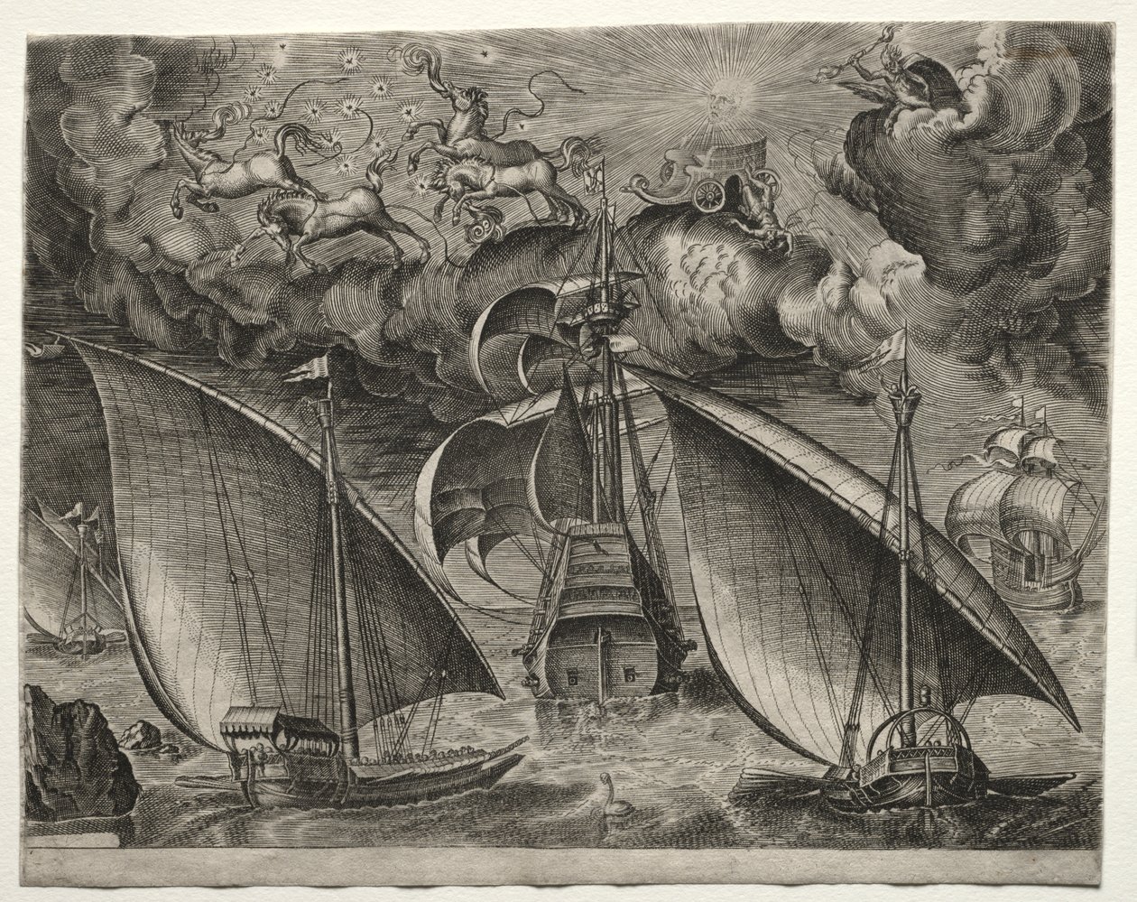 Sejlfartøjer: To galejer, der sejler bag en bevæbnet tre-mester med Phaeton og Jupiter i himlen af after Pieter Bruegel