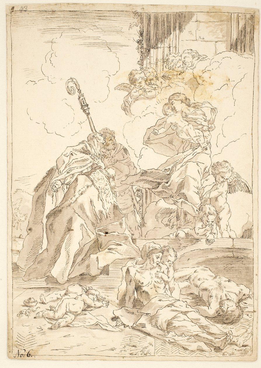 Madonnaen og barnet viser sig for to mandlige helgener under et pestudbrud af after Pietro Testa