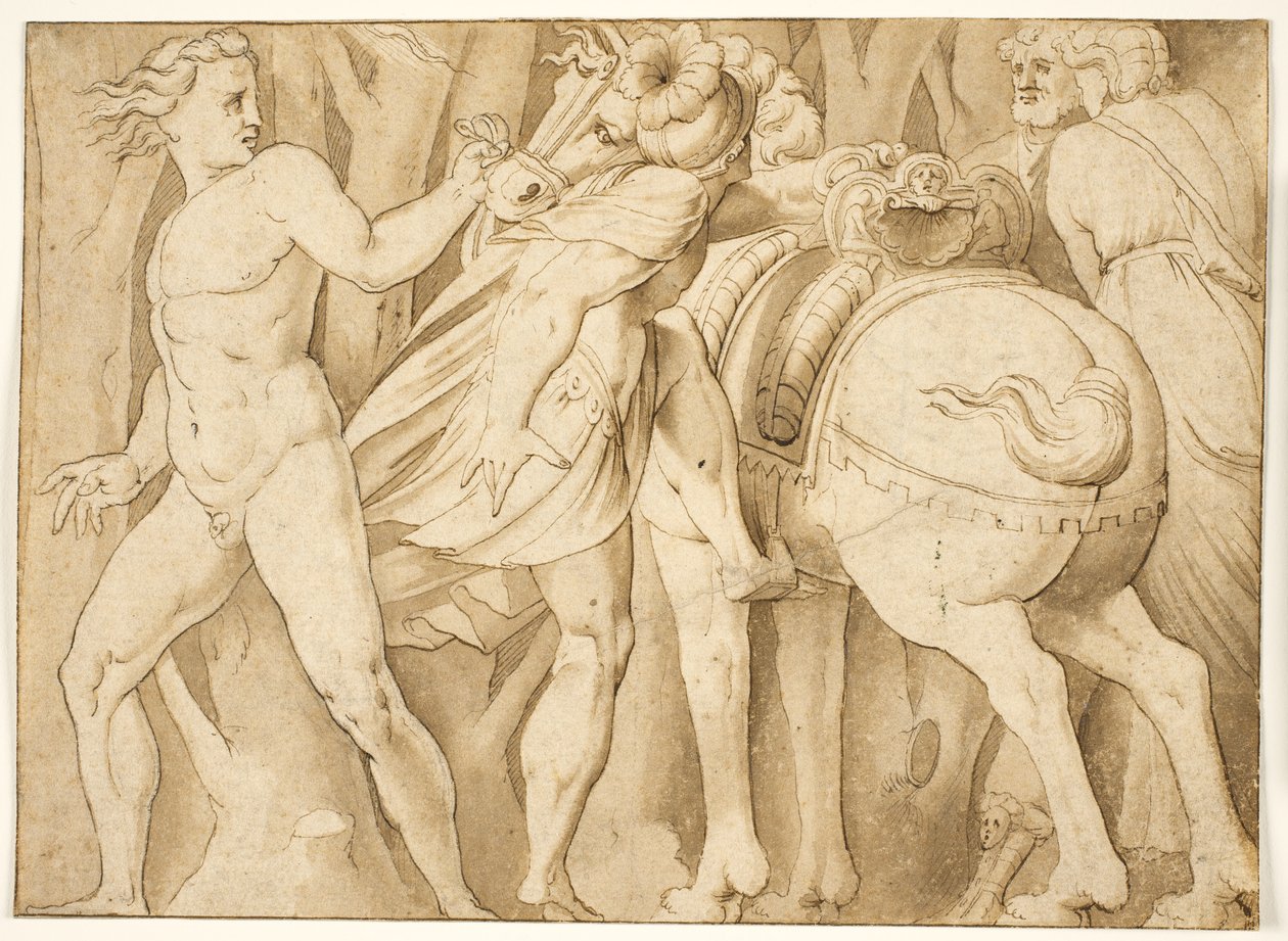 Scene fra romersk historie? En mand, der går op på en hest, holdt af en nøgen mand af after Polidoro da Caravaggio