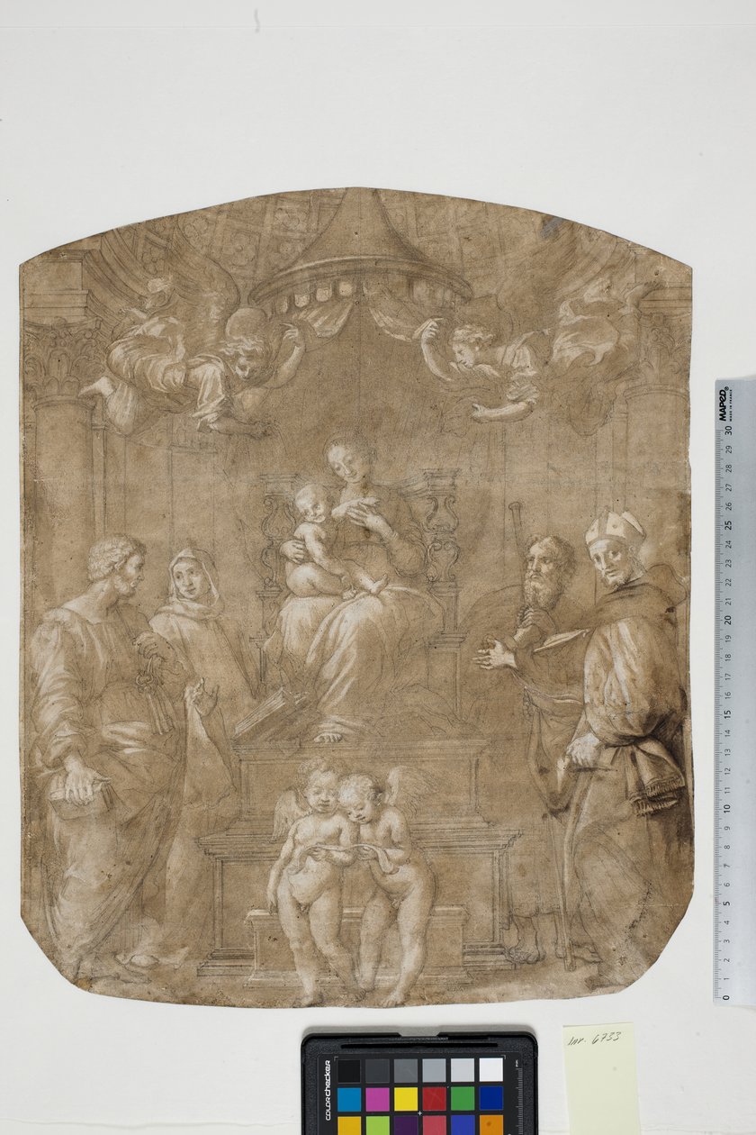 Madonna og barn med Sts Peter, Bernard (eller Bruno), James, Augustine og fire engle, Madonna del Baldacchino af after Raphael