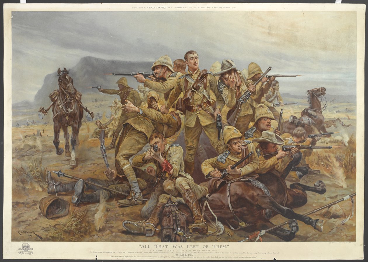 Alt, hvad der var tilbage af dem, 17. Lancer nær Modderfontein, 17. september 1901 (farve chromolitho) af after Richard Caton II Woodville