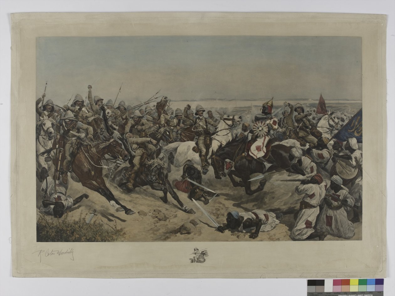Den 21. lancieres angreb i slaget ved Omdurman, 1898 (farvefotogravure) af after Richard Caton II Woodville