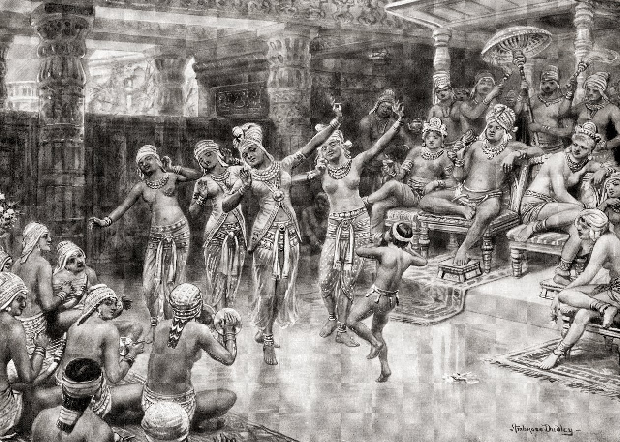 Et kunstnerindtryk fra det 19. århundrede af Gautamiputra Satakarani, der fejrer sin sejr over Nahapana, fra Hutchinsons History of the Nations, pub.1915 af after Robert Dudley