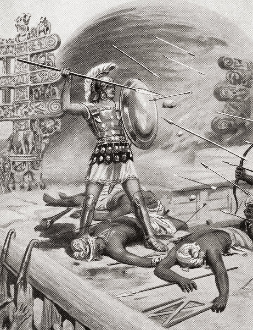 Alexander den Store kæmpede mod Assacani ved den befæstede by Massaga, Indien under hans indiske kampagne i 326BC, fra Hutchinsons History of the Nations, pub.1915 af after Robert Dudley