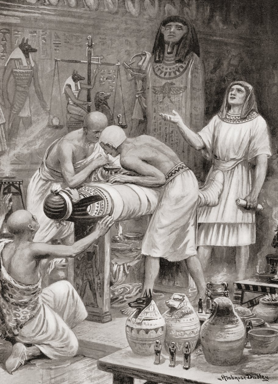 Balsamering af en krop i det gamle Egypten, fra Hutchinsons History of the Nations, pub.1915 af after Robert Dudley