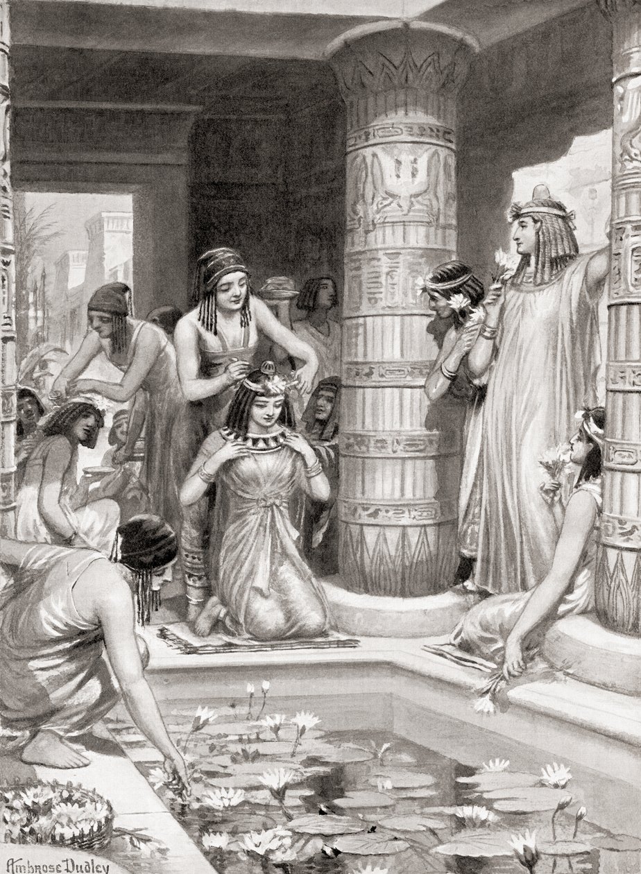 Gæster, der ankom til middag i det gamle Egypten, fik vand til at vaske deres fødder og hænder, blev smurt med velduftende olie og kronet med blomsterkranser, fra Hutchinsons History of the Nations, pub af after Robert Dudley