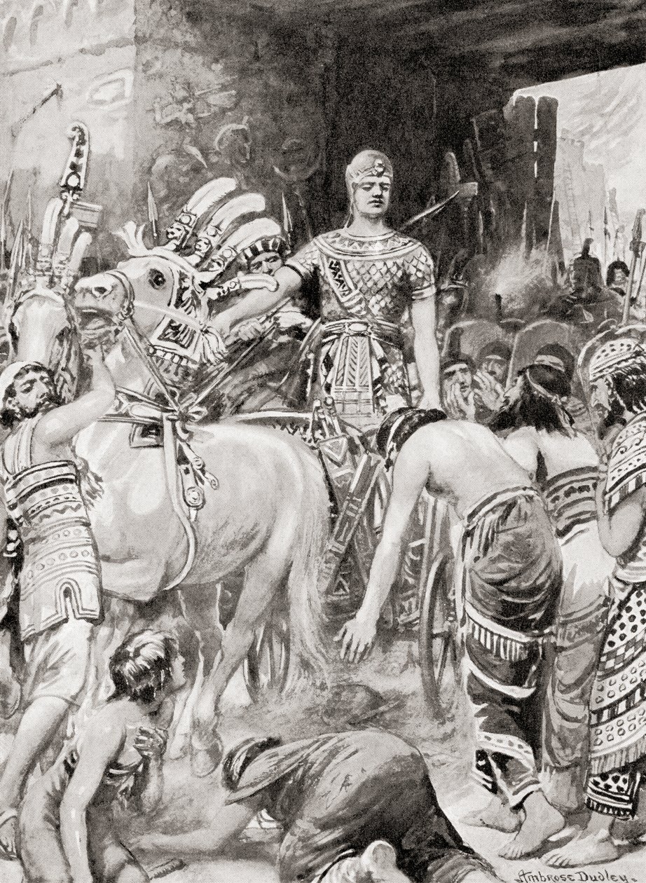 Psamtik I af Egypten går ind i byen Azotus eller Ashdod, fra Hutchinsons History of the Nations, udgivet i 1915. af after Robert Dudley