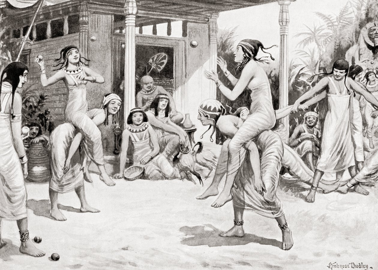 Unge piger, der spiller bold i form af en dans i det gamle Egypten, fra Hutchinsons History of the Nations, pub.1915 af after Robert Dudley