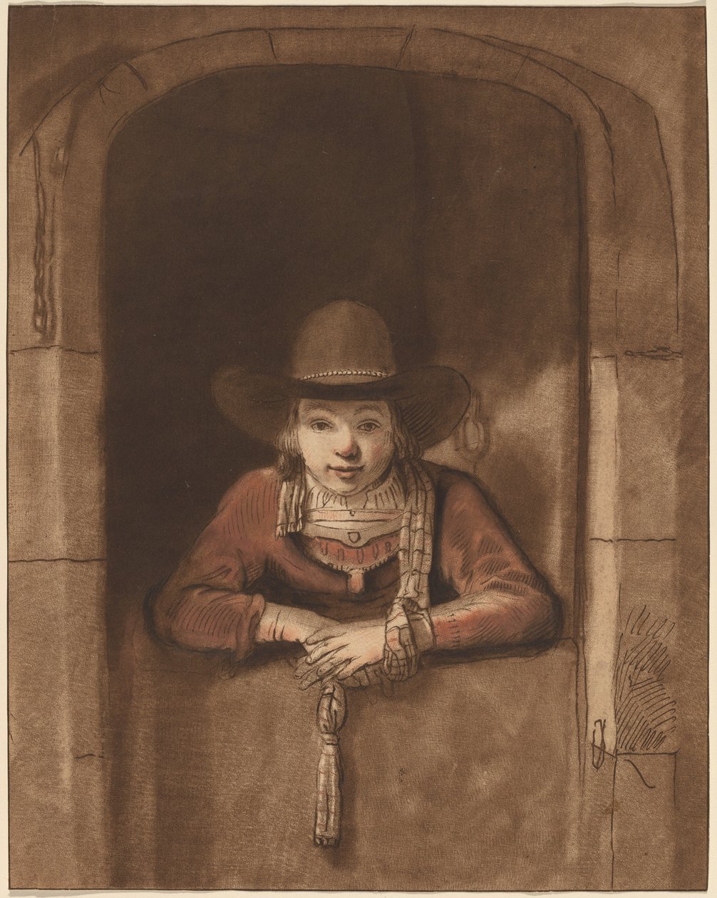 Dreng læner sig over en nedre dør af after Samuel van Hoogstraten Cornelis Ploos