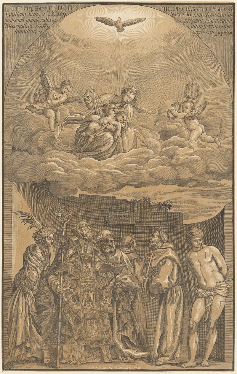 Jomfruen og barnet i skyerne med seks hellige af after Titian John Baptist Jackson