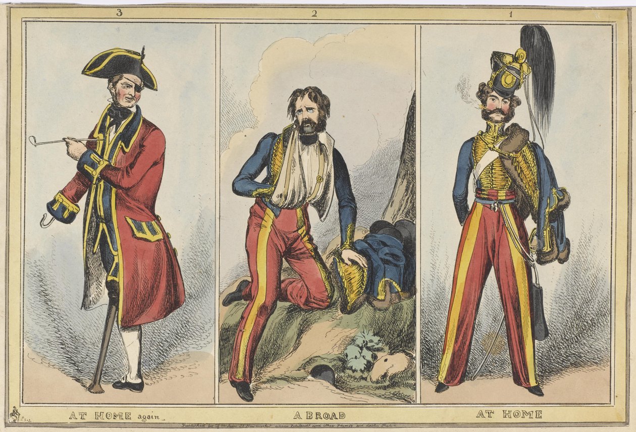 ’1. At Home 2. Abroad 3. At Home Again’, ca. 1830 (farvet radering) af after William Heath