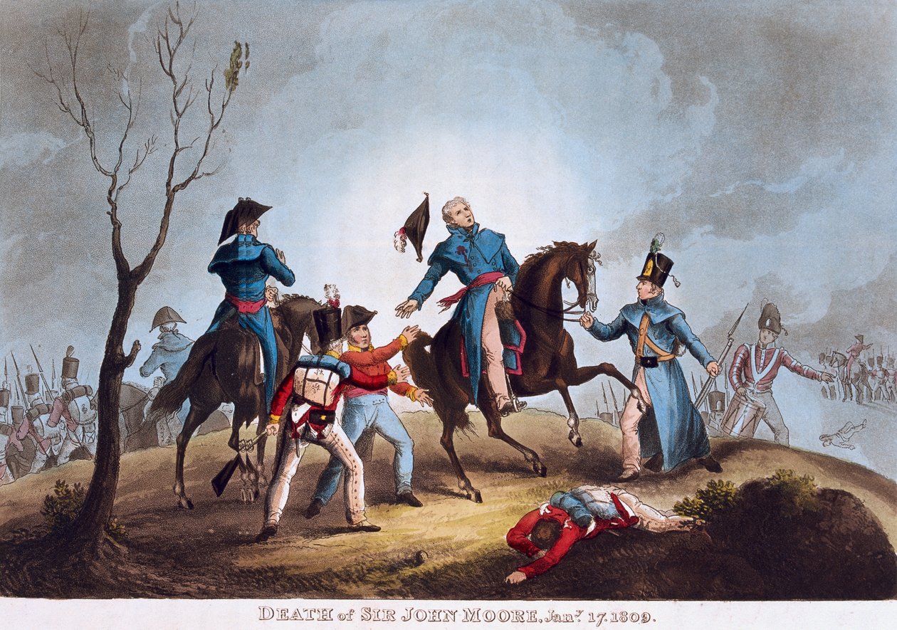Sir John Moores død, 17. januar 1809 (farvet akvatint) af after William Heath