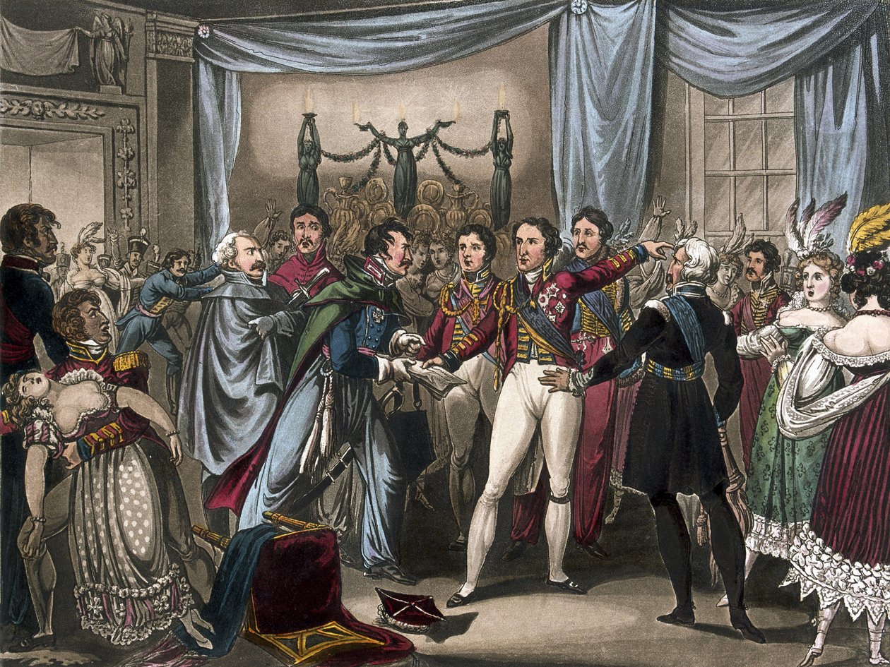 Intelligence of the Battle of Ligny, 1818 (farvet akvatint) af after William Heath