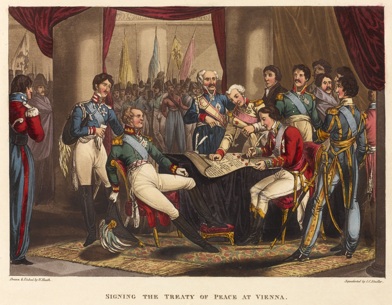 Underskrivelse af fredstraktaten i Wien, 1818 (farvet akvatint) af after William Heath