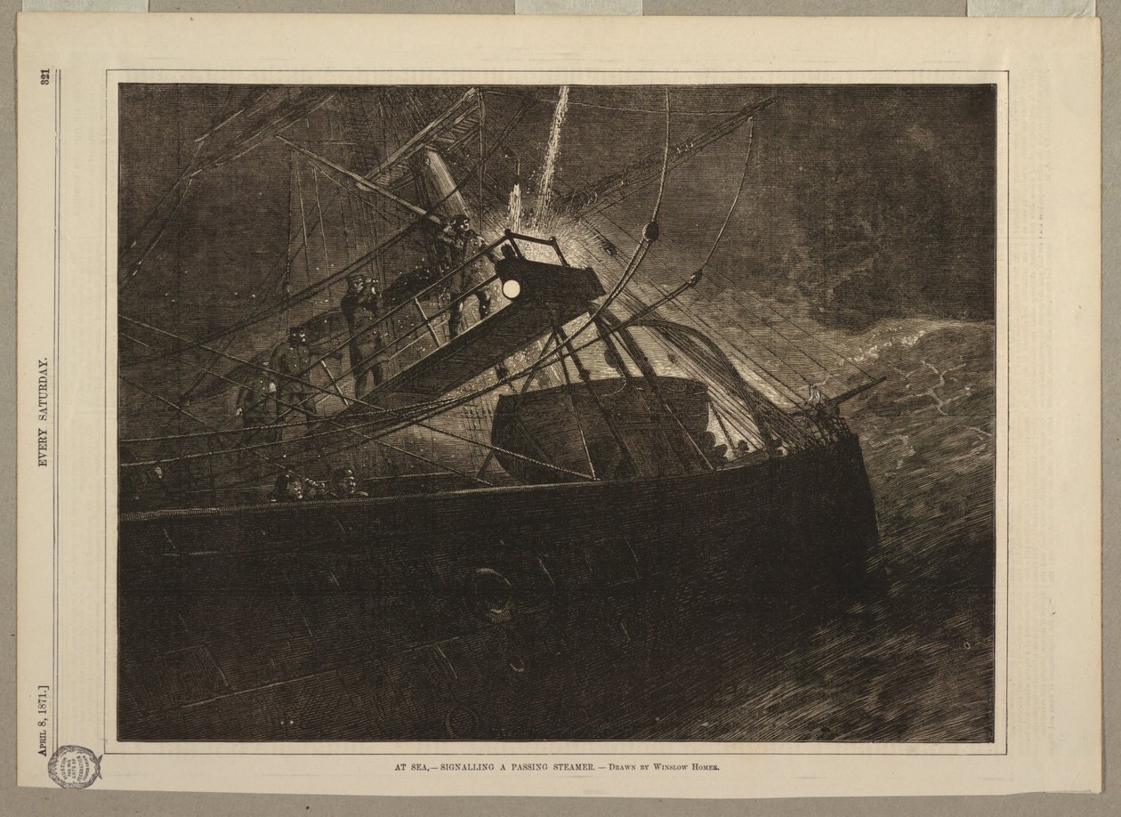 På havet, - signalerer en passerende dampskib af Winslow Homer