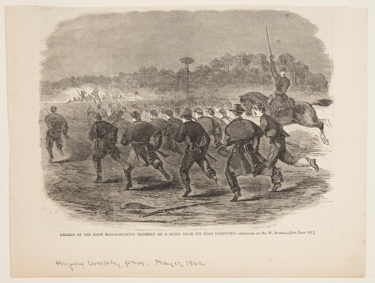 Anklager for det første Massachusetts regiment på en oprørsriffelgrav nær Yorktown af after Winslow Homer