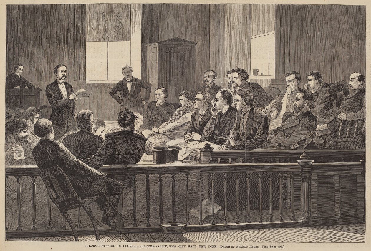 Jurorer, der lytter til advokat, højesteret, New City Hall, New York af after Winslow Homer