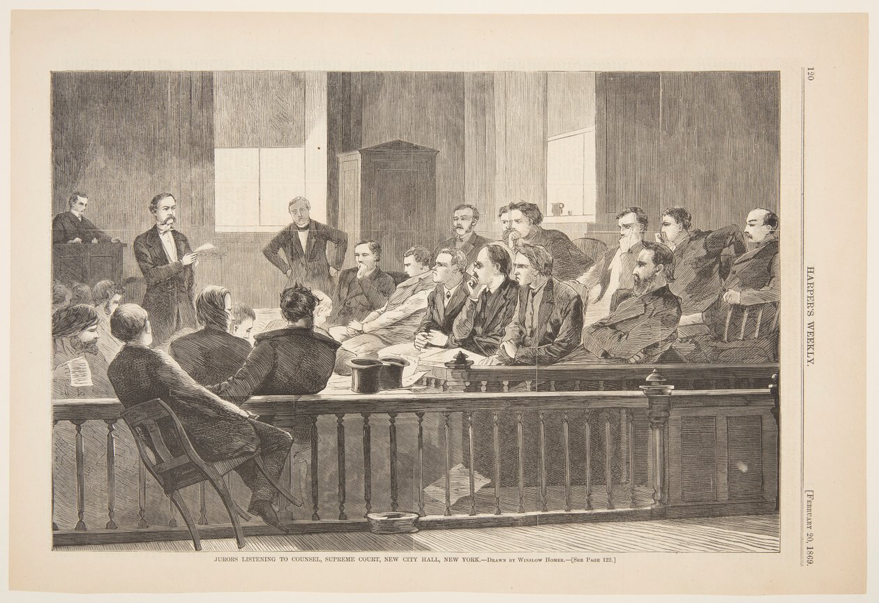 Nævninge lytter til advokat, højesteret, New City Hall, New York af after Winslow Homer