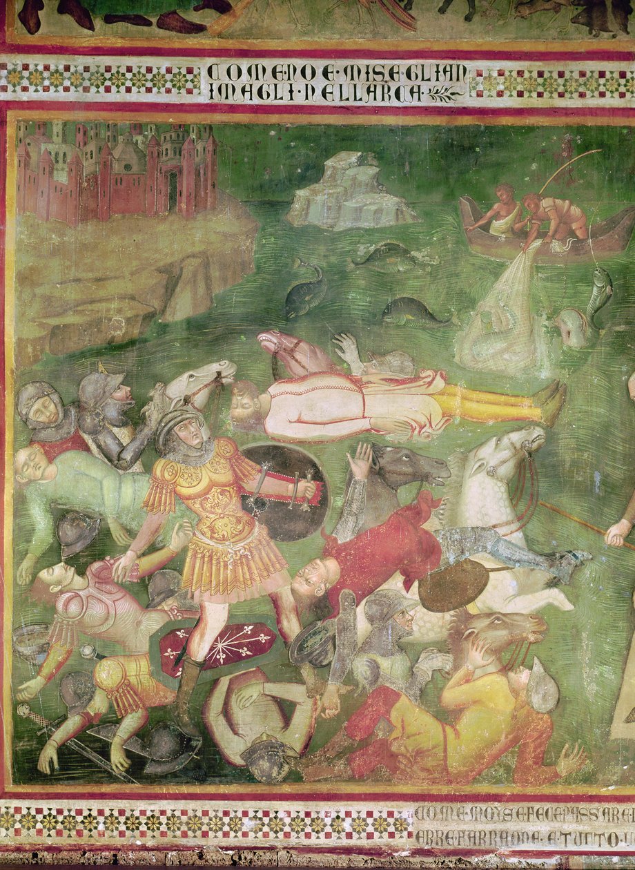 Krydser Det Røde Hav, detalje af Farao, der drukner med sin hær, fra Scener fra Det Gamle Testamente, 1356-67 af also Manfredi de Battilori Bartolo di Fredi