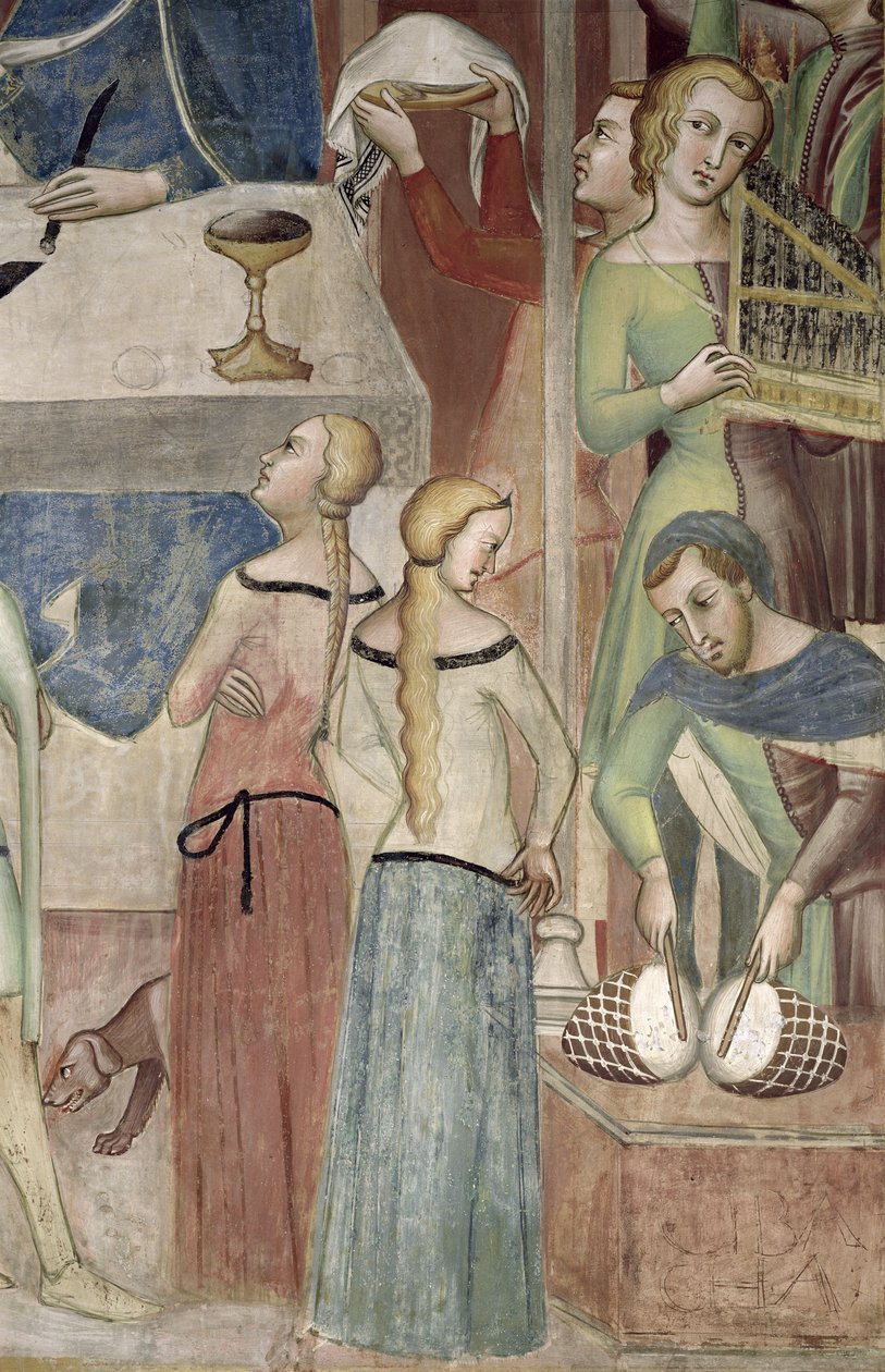 Satan beder Gud om at friste Job, detalje af musikere, 1356-67 af also Manfredi de Battilori Bartolo di Fredi