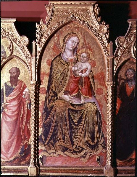 Altertavle af Gerard Cossassi degli Assi, detalje af det centrale panel, der forestiller Madonnaen og barnet på tronen (olie på panel) af also Manfredi de Battilori Bartolo di Fredi