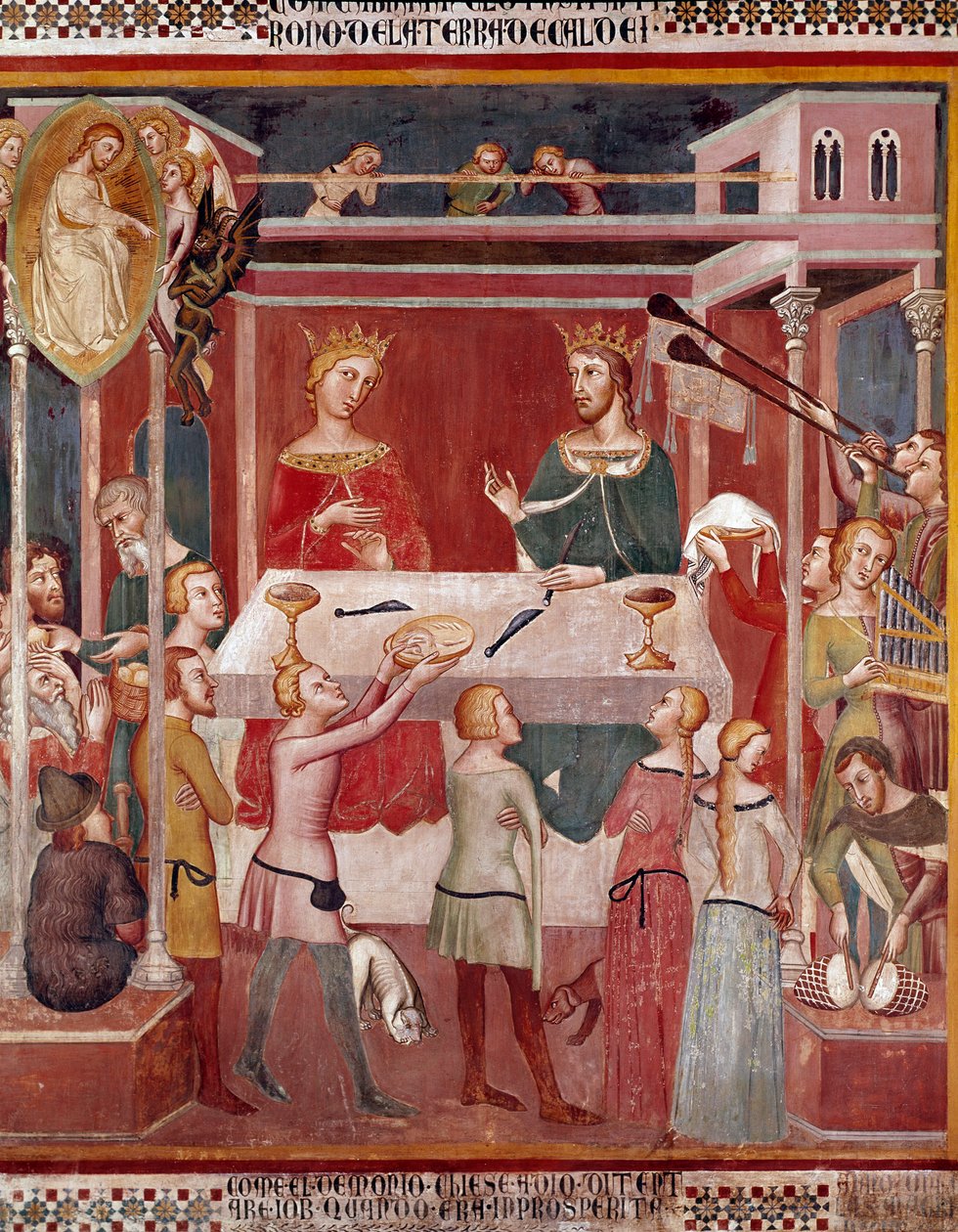 Hvordan Dæmonen bad Gud om at prøve Job på tidspunktet for hans velstående Fresco af Bartolo di Fredi (eller Manfredi De Battilori) (1330-1410) Collegiale de San Gimignano Italien af also Manfredi de Battilori Bartolo di Fredi