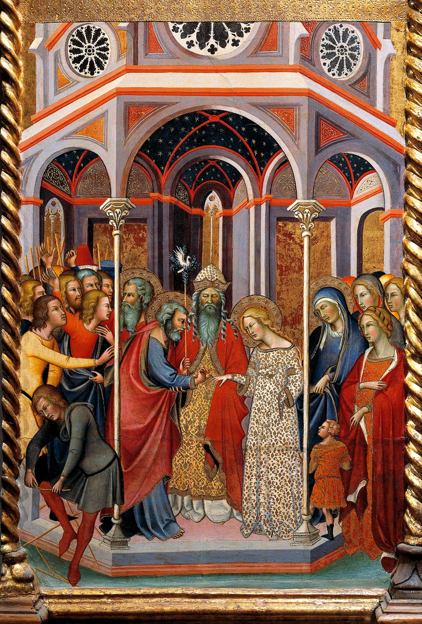 Jomfruens ægteskab, detalje af altertavlen, der viser Jomfruhistorier af Bartolo di Fredi (1330-1410) af also Manfredi de Battilori Bartolo di Fredi