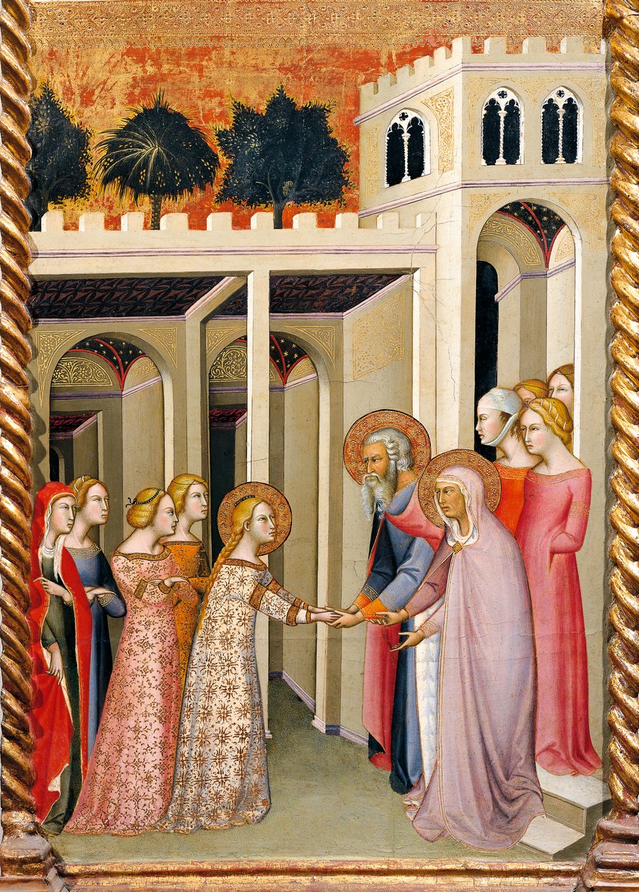 Jomfru Maria med den hellige Joachim og den hellige Anne, detalje af altertavlen, der viser Jomfruhistorier af Bartolo di Fredi (1330-1410) af also Manfredi de Battilori Bartolo di Fredi