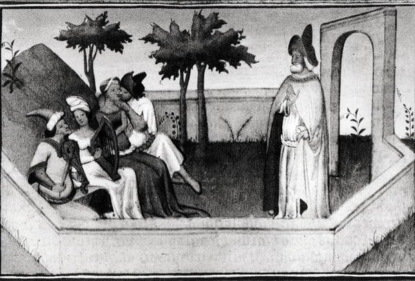 Fr 2810 Hvordan den gamle mand fra bjergene modtog tilhængerne i haven, fra Livre des Merveilles du Monde, ca. 1410-12 af and workshop Boucicaut Master