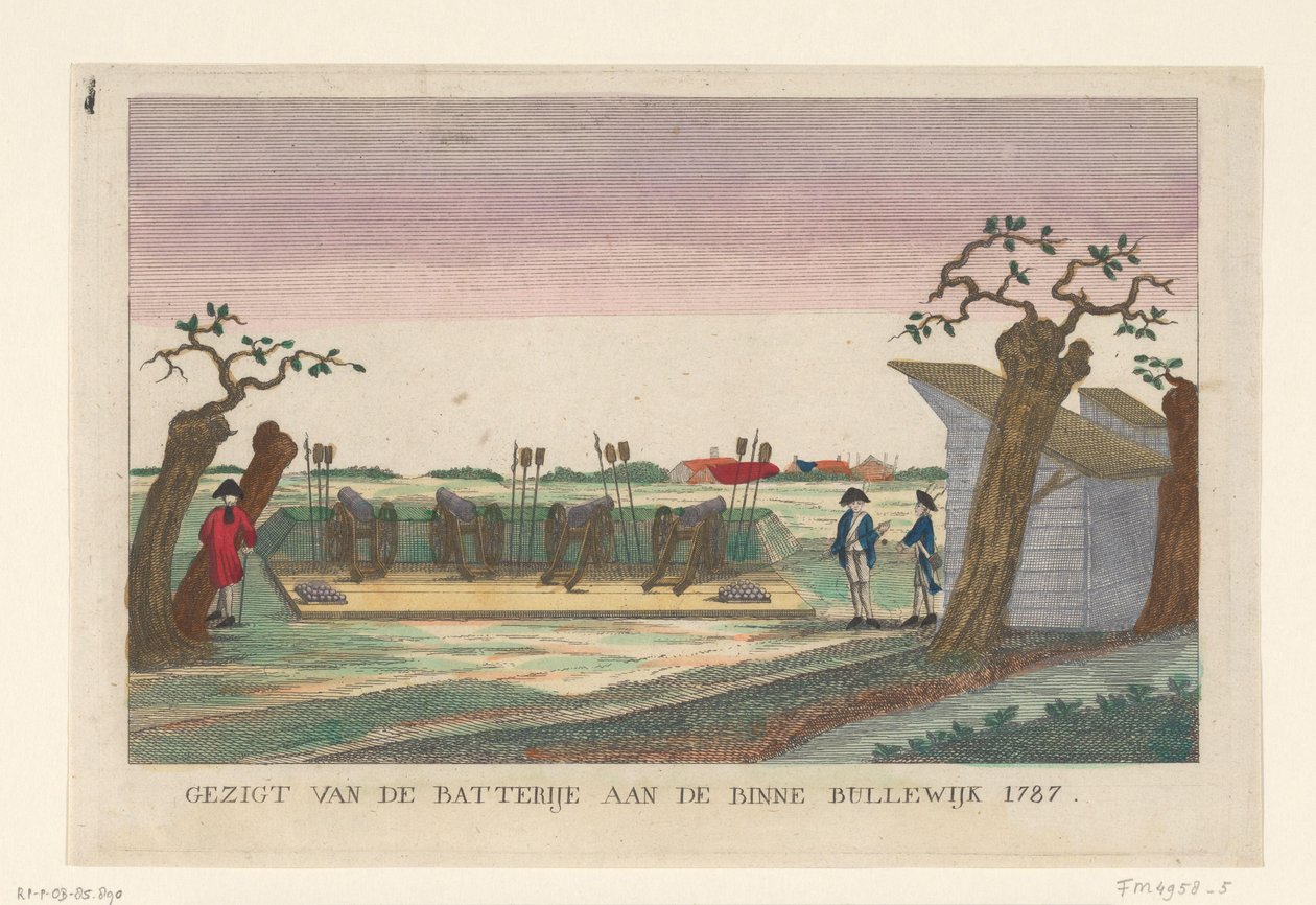Batteri ved Binnen Bullewijk, 1787 Udsigt over batterierne ved Binne Bullewijk 1787 (titel på objekt) Batterier omkring Amsterdam i 1787 (tyske kopier) (serietitel) af anonymous (attributed to)