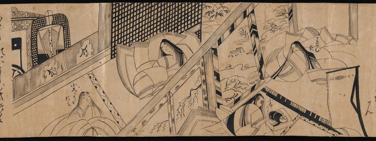 Kapitlerne "Akashi", "Kanalbøjer" ("Miotsukushi"), "Malurtpletten" ("Yomogiu"), "Porthuset" ("Sekiya") og "Billedkonkurrence" ("E-awase") fra fortællingen om Genji (Genji monogatari). af anonymous 