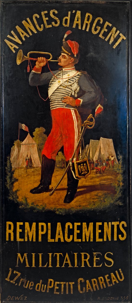 Fransk: Au hussard. Skilt til militært erstatningskontor. 17 rue des Petits-Carreaux, 11. arrondissement, Paris af anonymous 