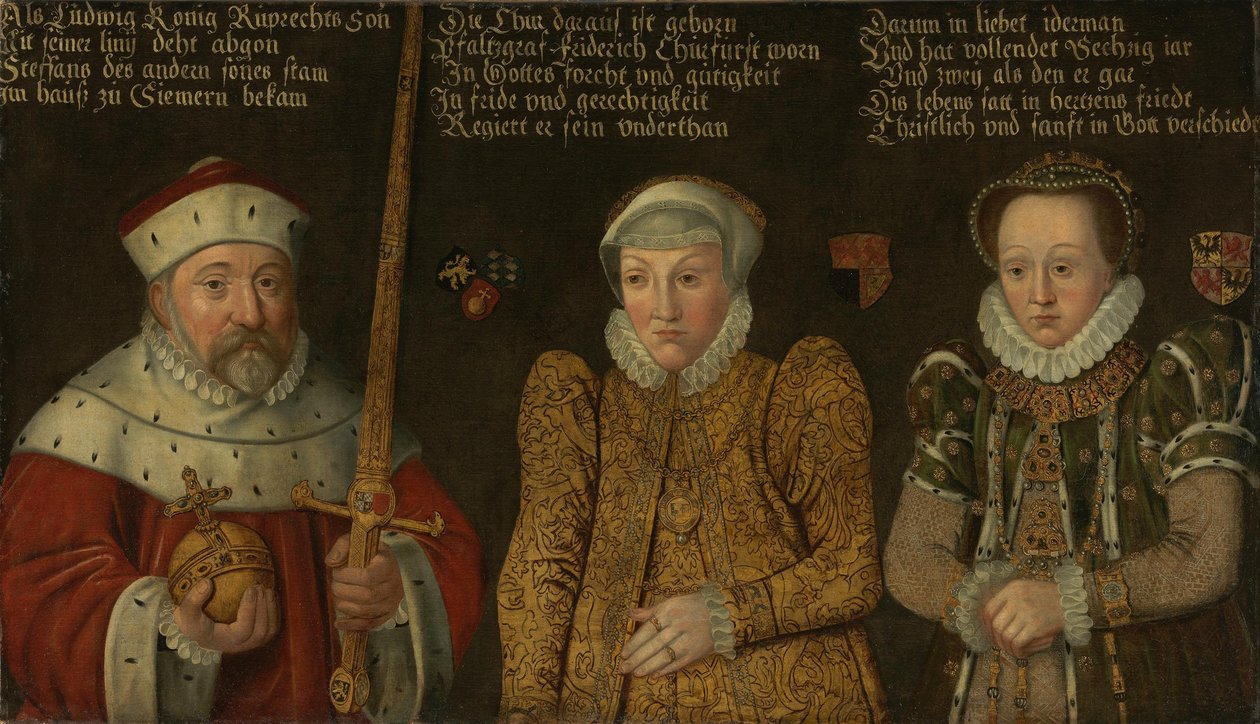 Tysk: Portræt af kurfyrst Frederik III af Pfalz (1515-1576) med sine hustruer Maria von Brandenburg-Kulmbach og Amalia von Neuenar af anonymous 