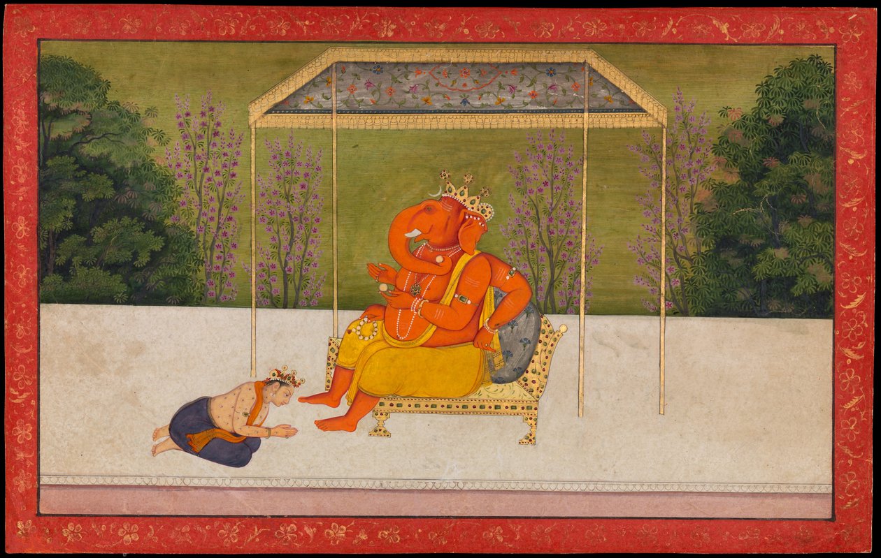 "Indra tilbeder den elefanthovedede gud Ganesha, der sidder på en trone." Folio fra Tehri Garhwal-serien af Gita Govinda af anonymous 