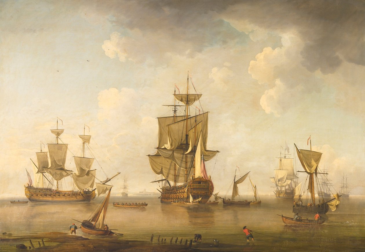 Krigsmænd i havnen af attributed to Charles Brooking