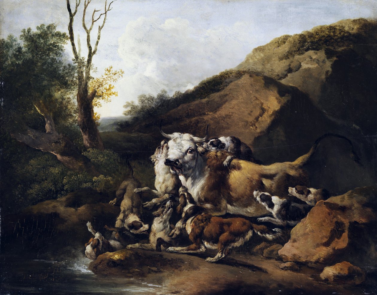 Aurochs kæmper mod en flok jagthunde af attributed to Johann Heinrich Roos