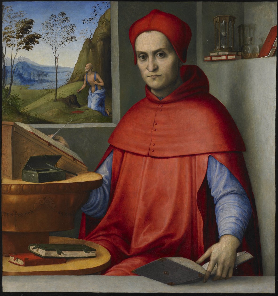 Portræt af en kardinal i hans undersøgelse af attributed to Lorenzo Costa