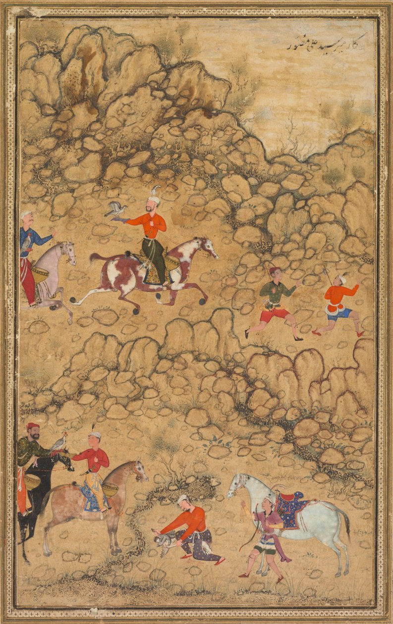 Jagt med falke i et landskab; Verso: Kalligrafi af Chaghatai tyrkiske digte til lovprisning af vin, Sultan Muhammad Nur (persisk, ca. 1472-1536) og Mirza Muhammad (sandsynligvis persisk, aktiv ca. 1520