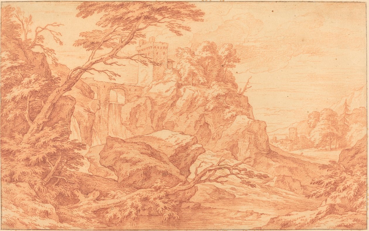 Et klippelandskab med et stentårn og et vandfald af attributed to Adriaen Frans Boudewyns