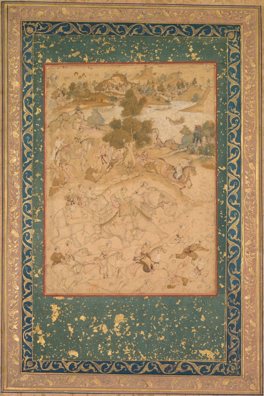 Akbar overvåger fangsten af vilde elefanter ved Malwa i 1564 og maler 90 fra en Akbar-nama (bog om Akbar) fra Abu