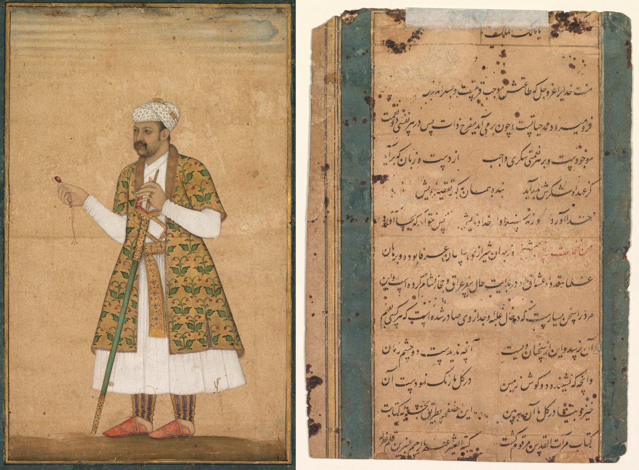 En hofmand, muligvis Khan Alam, der holder en spinel og et Deccan-sværd af attributed to Govardhan