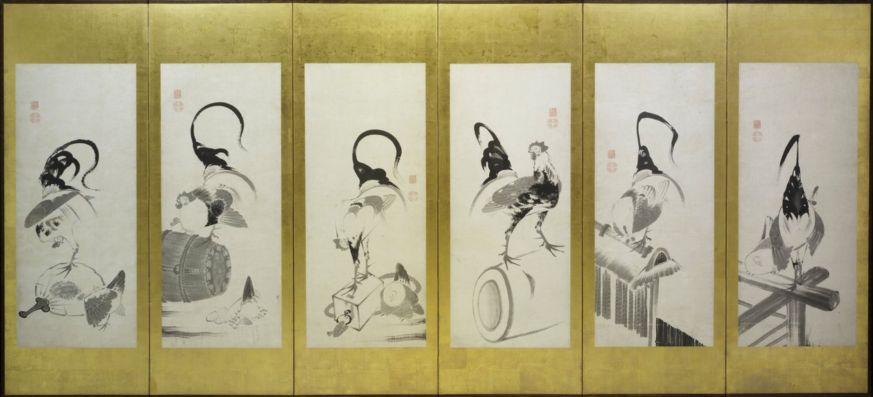 Haner og høns af attributed to Itō Jakuchū