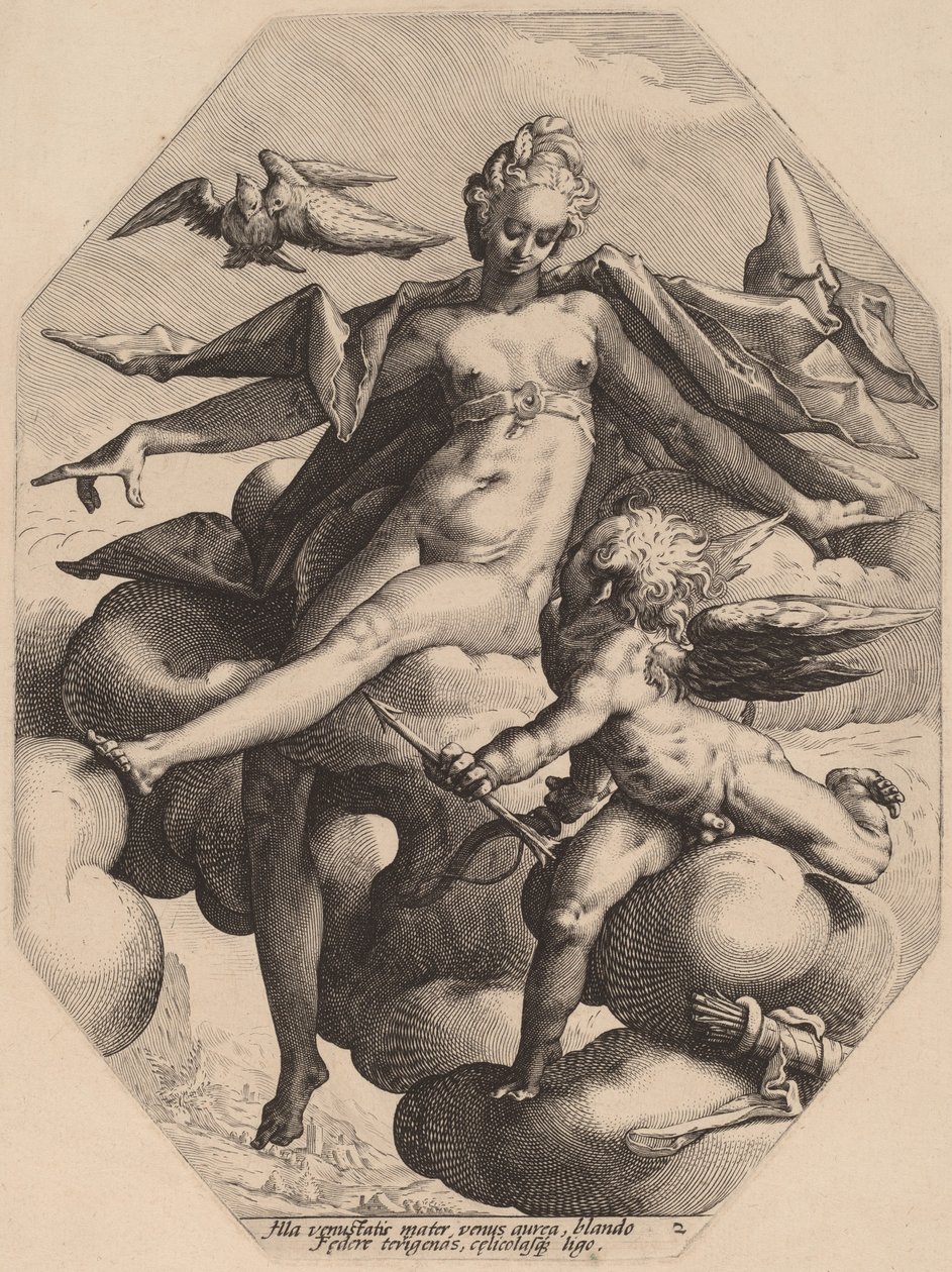 Venus og Amor af attributed to Jacob Matham, after Hendrick Goltzius