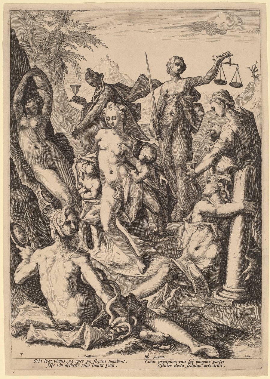 De syv dyder af attributed to Jacob Matham, after Hendrik Goltzius
