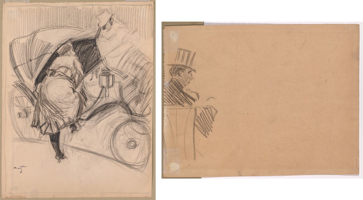 Kvinde på vej ind i en fiacre (recto); Højre profil af mand iført høj hat (verso) af attributed to Jean Louis Forain