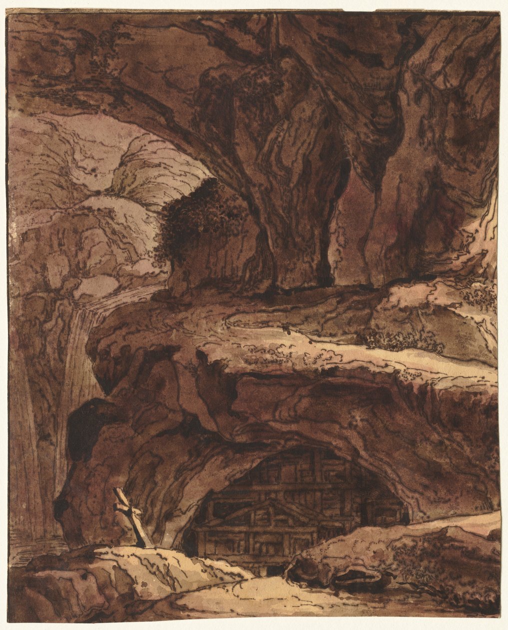 Klippelandskab med et hulekapel af attributed to Johann Martin von Rohoden